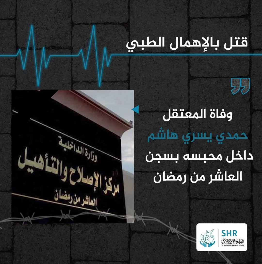 وفاة المعتقل حمدي يسري هاشم، البالغ من العمر 62 عامًا، داخل المركز الطبي بسجن العاشر من رمضان، بعد معاناة مع المرض وتعرضه للإهمال الطبي المتعمد